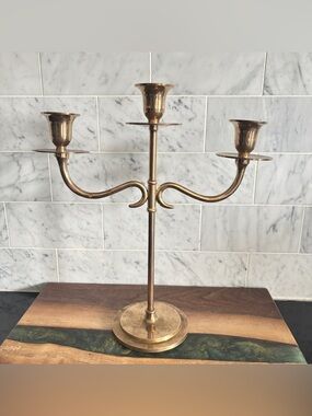 Vintage Brass Scroll 3 Arm Candelabra